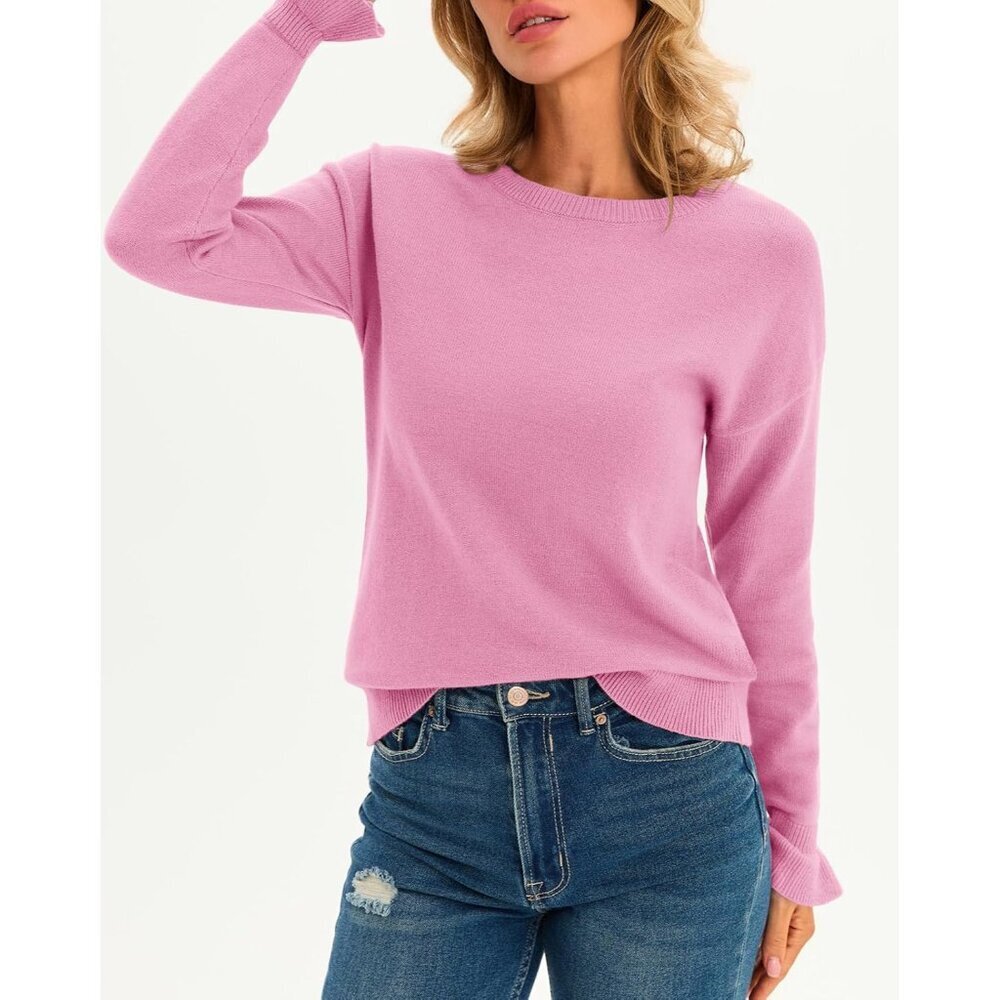 Womens Fall Lightweight Knit Crew Neck Sweater Ruffle Long Sleeve Casual Top - Picture 4 of 6